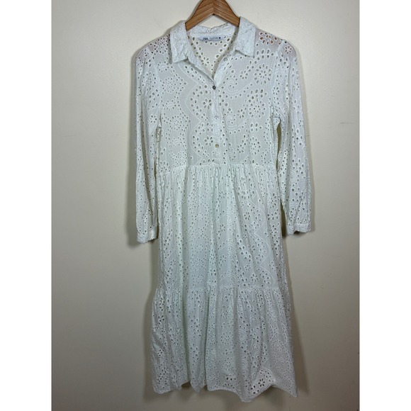 Zara Dresses & Skirts - Zara Eyelet Embroidered Tiered Midi Dress Size M White Long Sleeve Bridal Beachy